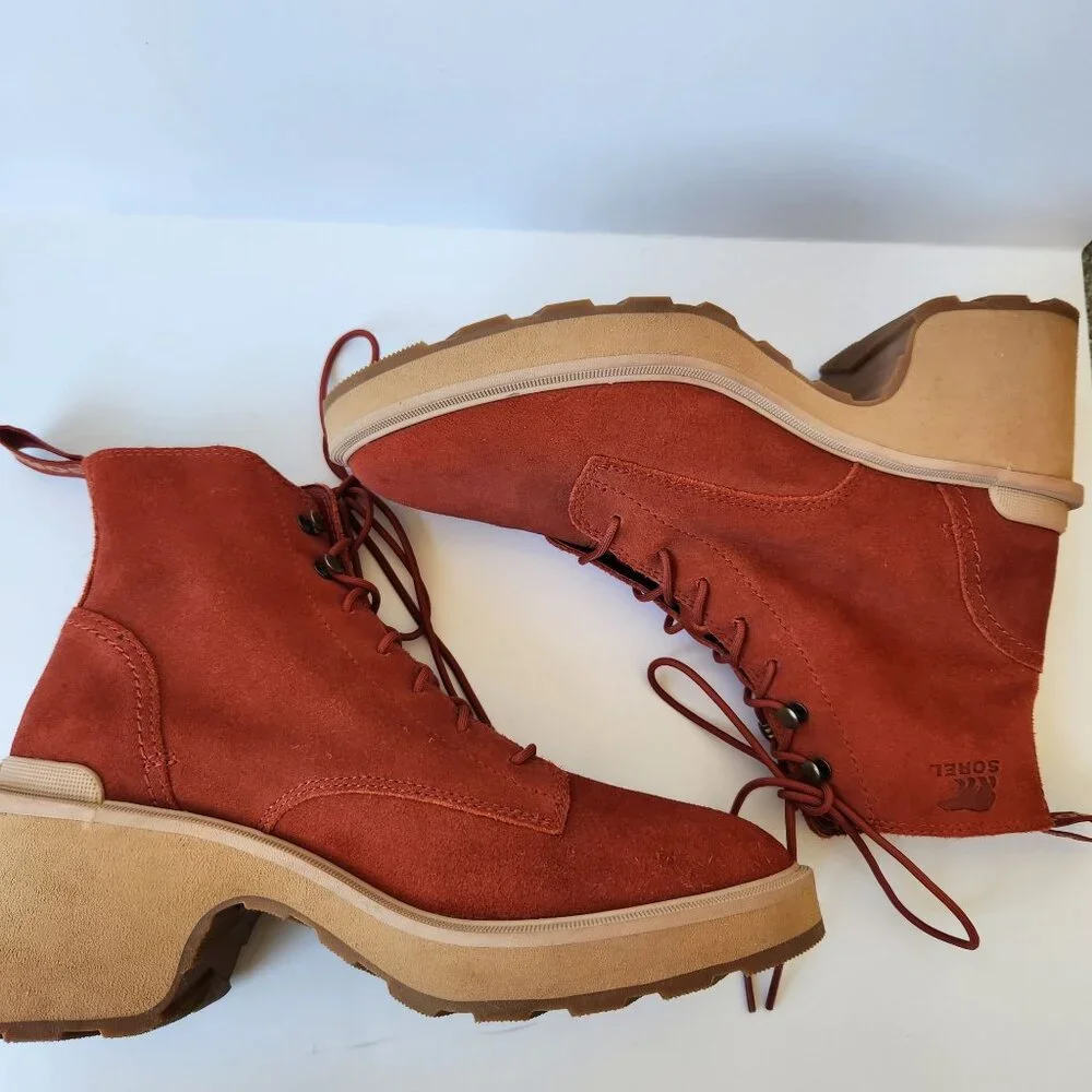Sorel Hi-Line Heel Suede Lace-Up Platform Boots Orange Rust Red Fall Winter 9.5 - Picture 6 of 10